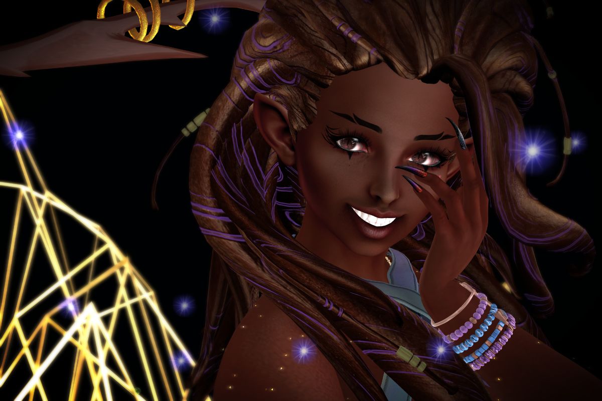 second life avatar in dark brown skin side profile, smiling and looking at the camera. hand on face fingers spread around the eye