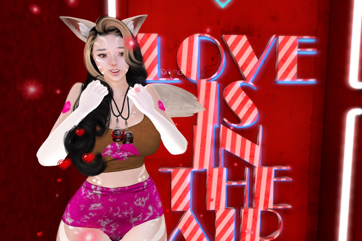 Second life avatar with ears and tail in a tank and briefs with a heart texture on it. Standing in front of a red and white striped words that say "Love is in the Air"